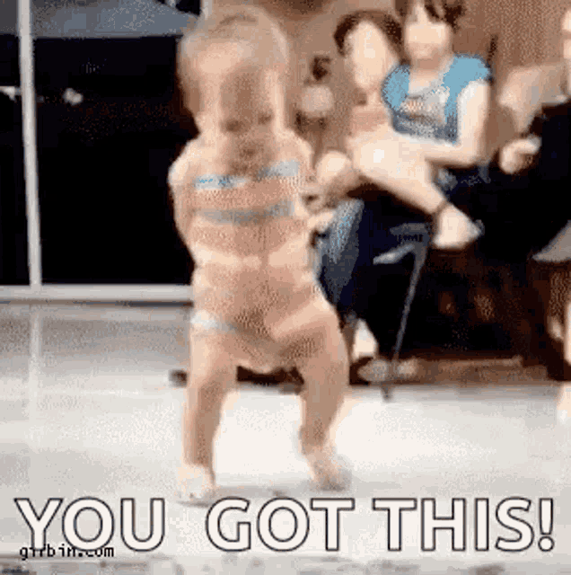 a little girl is dancing with the words `` you got this '' written on the bottom .