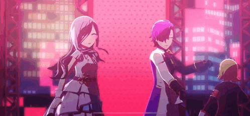 a group of anime characters are standing next to each other on a stage in front of a city skyline .