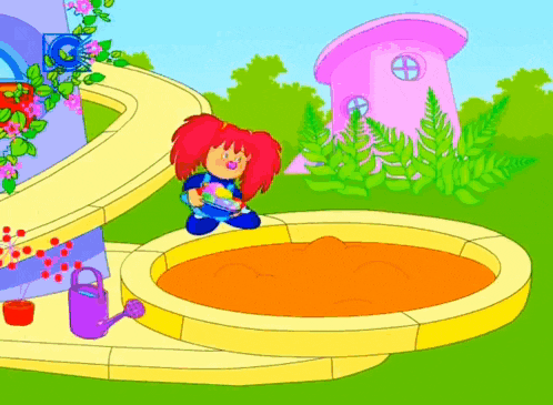 a cartoon of a girl standing next to a sandbox