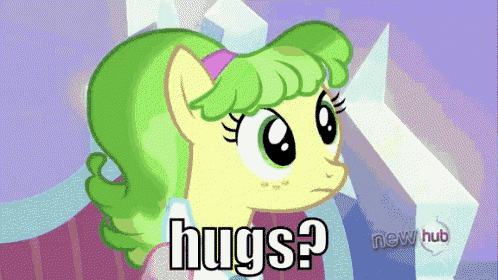 a cartoon pony says hugs in front of a new hub logo