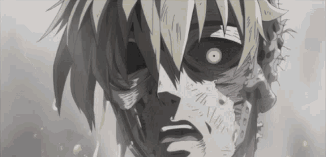 a close up of a cartoon character 's face with a white eye