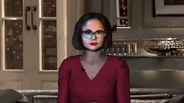 a computer generated image of a woman wearing glasses and a red shirt