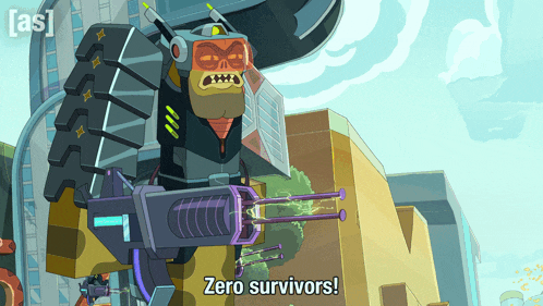 a cartoon of a robot with the words zero survivors on it