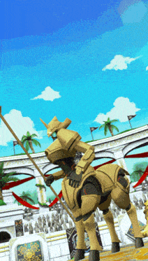 a cartoon drawing of a robot riding a horse with a spear