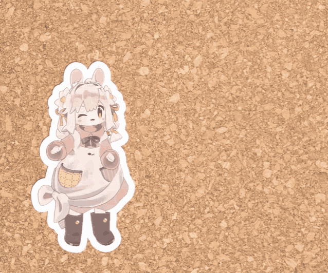 a sticker of a girl with a maid outfit on a cork board