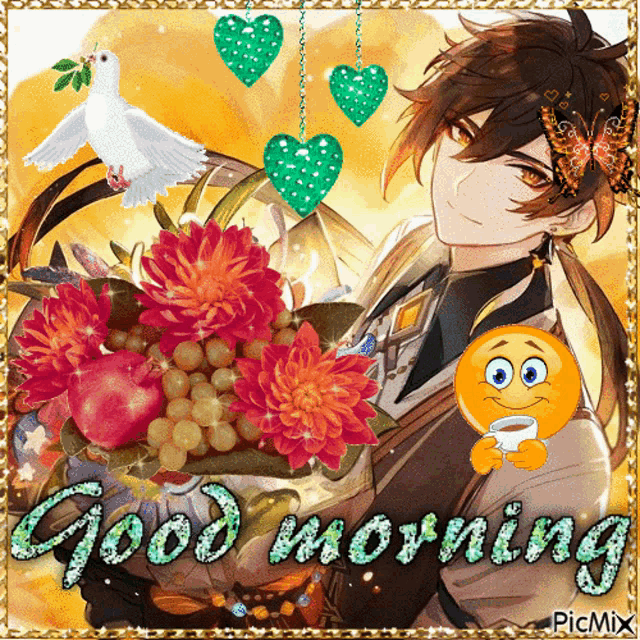 a good morning greeting card with a man holding a bouquet of flowers and a smiley face