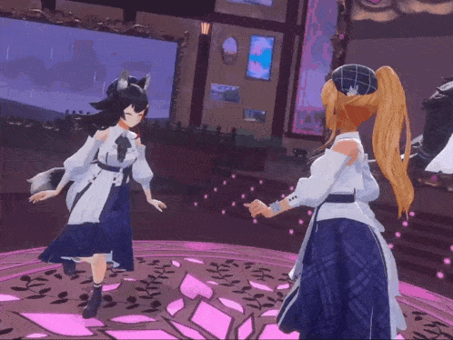 two anime characters are dancing on a stage in a video game