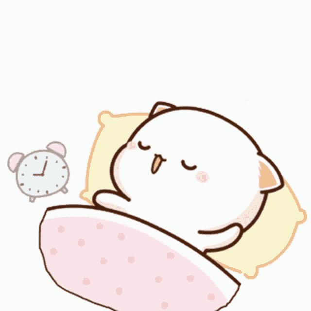 a cartoon cat is sleeping in a bed with an alarm clock behind it
