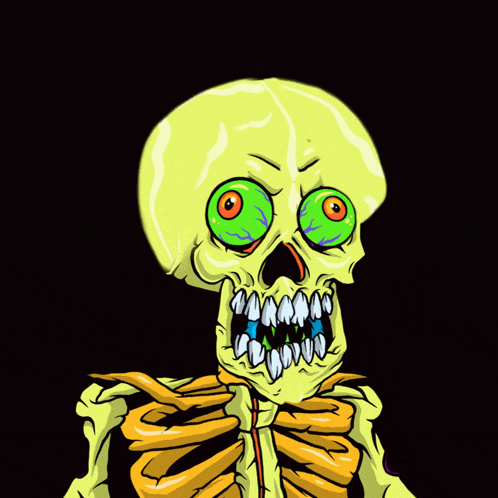 a cartoon drawing of a skeleton with green eyes and teeth