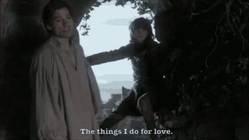a man standing next to a woman with the words " the things i do for love " written below him