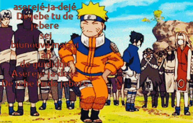 a group of cartoon characters are standing in a field with the words " asereje-ja-deje " on the bottom