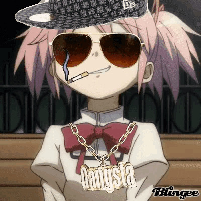 a girl wearing sunglasses and a gangsta necklace