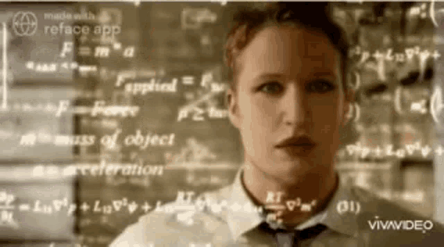 a woman in a white shirt and tie is standing in front of a chalkboard filled with mathematical equations .