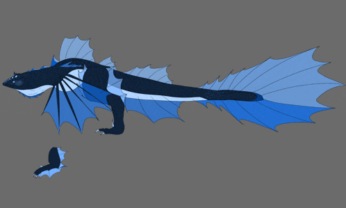 a drawing of a dragon with blue wings and a tail