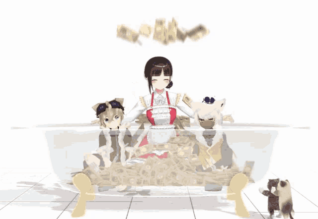 a girl in a bathtub surrounded by cats