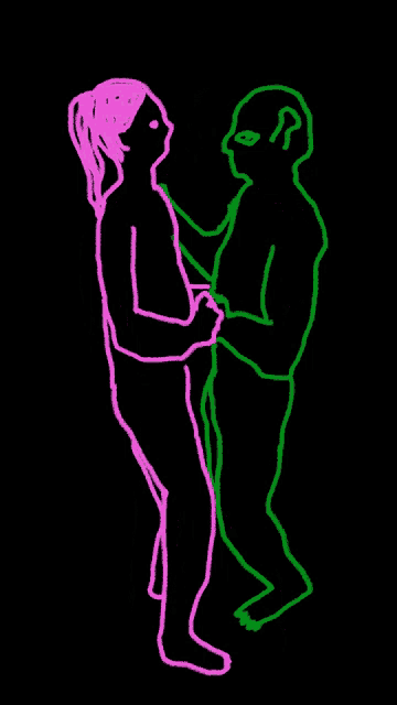 a drawing of a man and a woman holding hands