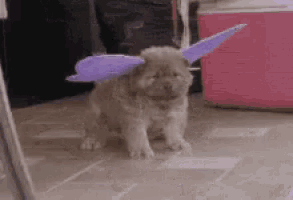 a puppy with purple wings is sitting on a tiled floor .
