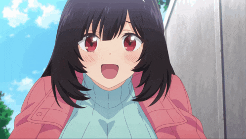 a girl with dark hair and red eyes is wearing a blue sweater and a pink jacket