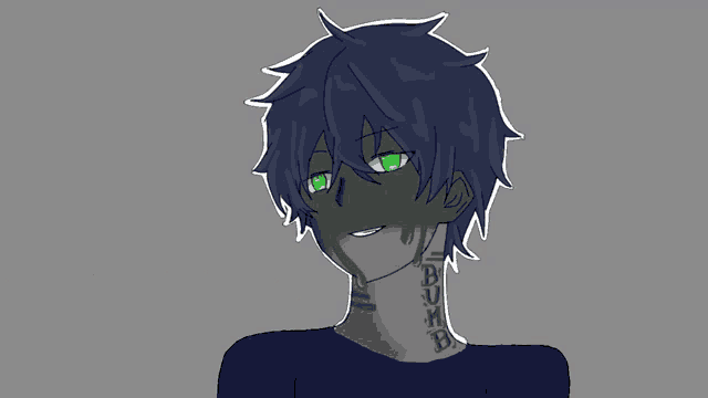 a drawing of a boy with green eyes and a tattoo on his neck that says " bump "
