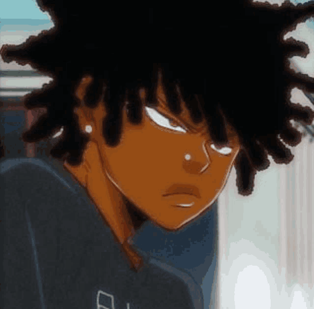 a close up of a cartoon character with dreadlocks and a piercing in his nose .