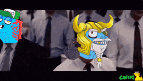 a group of men in suits and ties with cartoon characters on their faces including one with horns and a beard