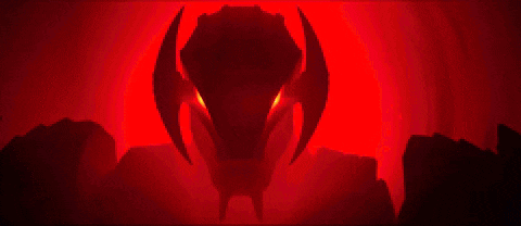 a robot with red eyes stands in front of a red background