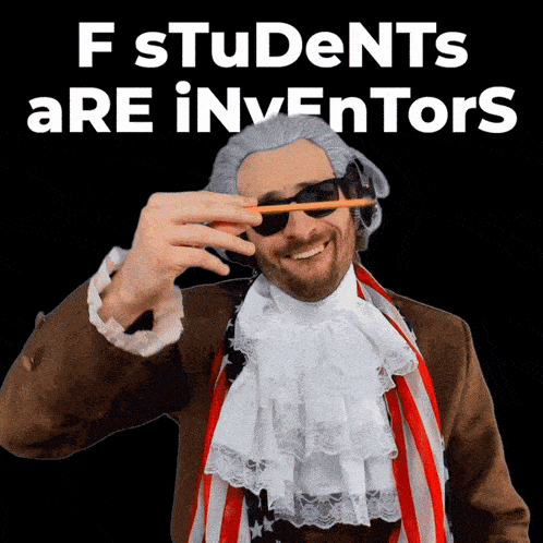 a man holding a pencil in front of his eye with the words f students are inventors on the bottom