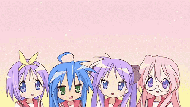 a girl with blue hair and green eyes is pointing at another girl with purple hair