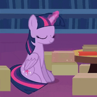 twilight sparkle from my little pony is sitting on the floor in a library .