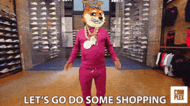 a man with a doge on his head and the words let 's go do some shopping behind him