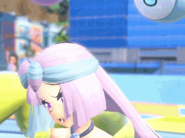 a cartoon character with purple hair and a blue headband with the letter o on it