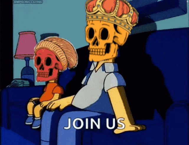 a cartoon of two skulls sitting on a couch with the words join us on the bottom
