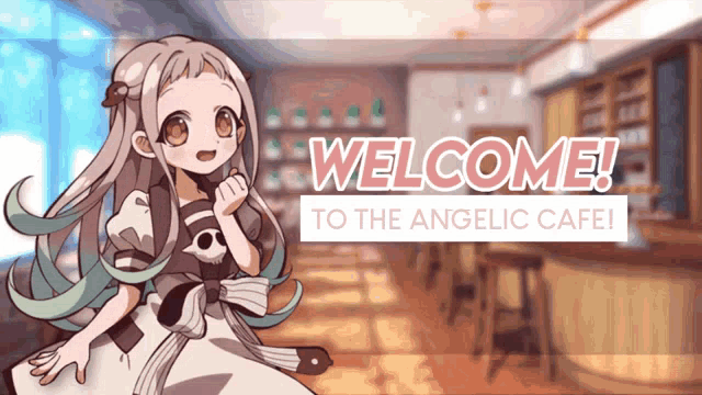 a welcome to the angelic cafe sign with a girl on it