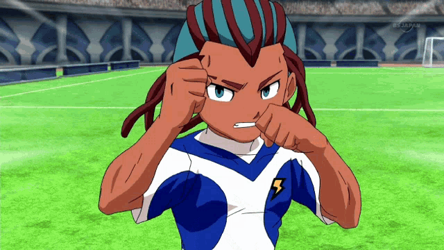 a cartoon character with a lightning bolt on his chest is standing on a soccer field