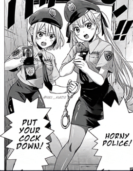 two girls in police uniforms are standing next to each other with horny police written on the bottom