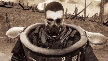 a man wearing a gas mask and a vest with a cross on it