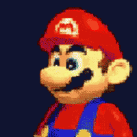 a pixel art of mario wearing a red hat and blue shirt