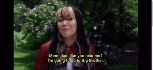 a woman in a red jacket says mom dad can you hear me i 'm going to go to big brother .