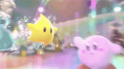 a close up of two cartoon characters , a yellow and a pink , standing next to each other .