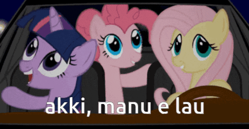 three ponies are sitting in the back seat of a car with the words " akki manu e lau " on the bottom