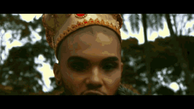 a close up of a man wearing a crown on his head