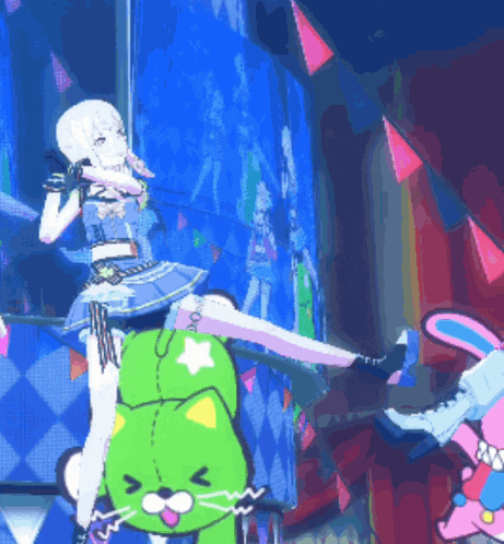 a girl in a blue dress is sitting on a green stuffed cat