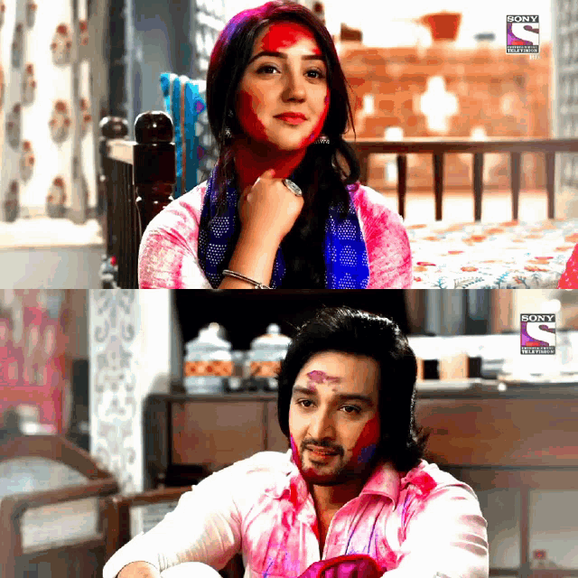 a man and a woman with holi paint on their faces are on a sony television screen