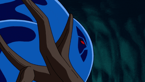 a cartoon drawing of a blue object with a red eye on it