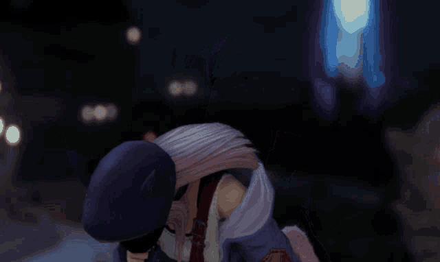 a girl with purple hair is wearing a purple jacket and a black hat
