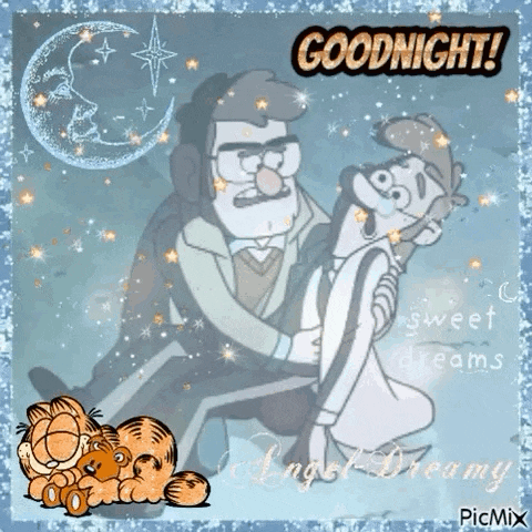 garfield is holding a man in his arms and says goodnight