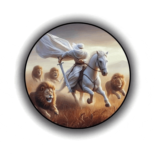 a painting of a man riding a horse with a sword surrounded by lions