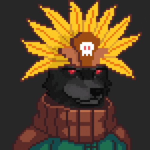a pixel art drawing of a bear with a skull on its head