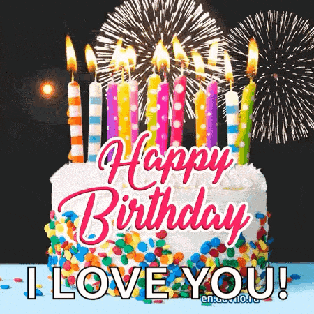 a birthday cake with candles and fireworks in the background and the words `` happy birthday i love you '' .