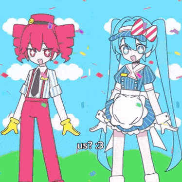 a couple of anime characters standing next to each other with us written on the bottom